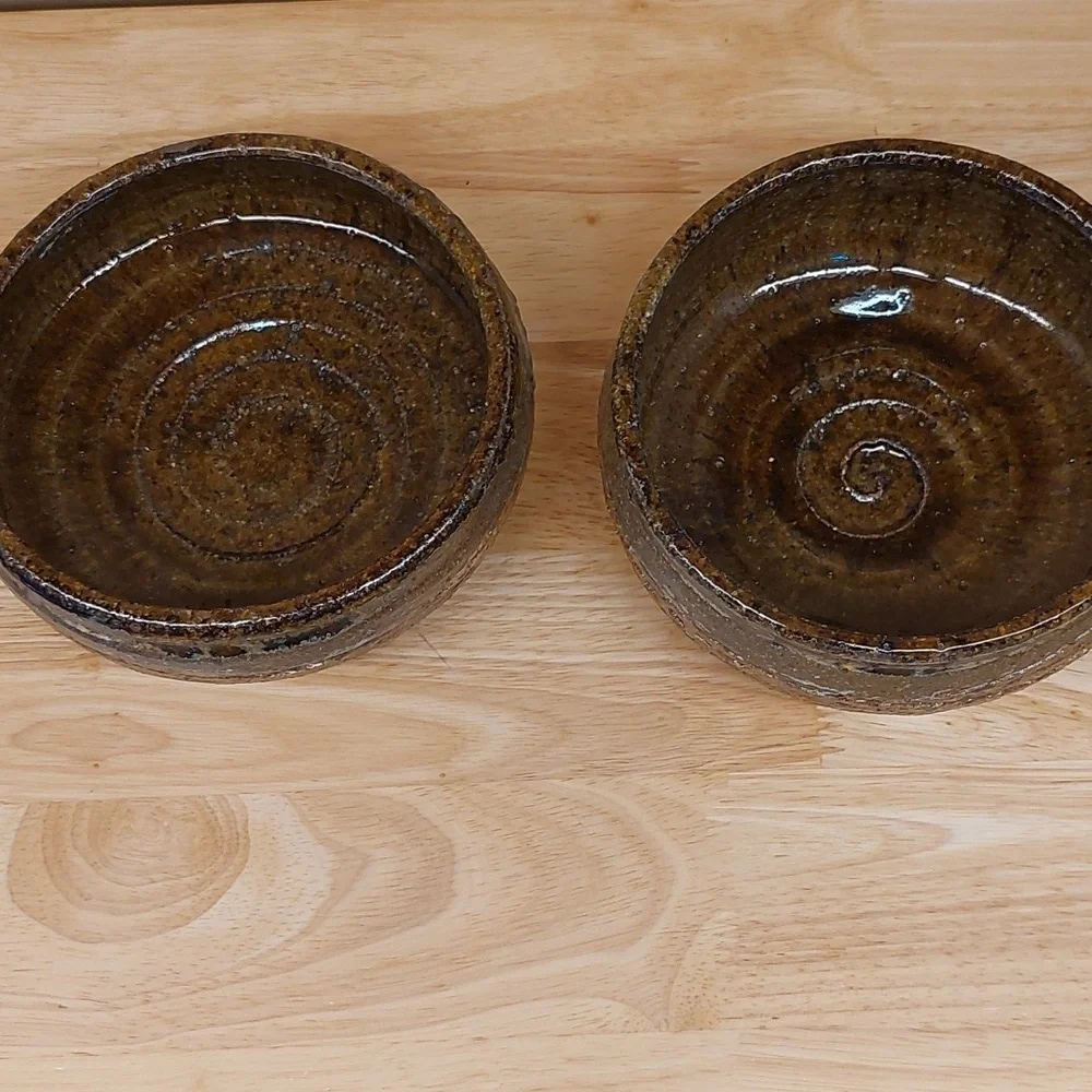 Signed Raku? POTTERY BOWLS BROWN UNUSED SET OF 2